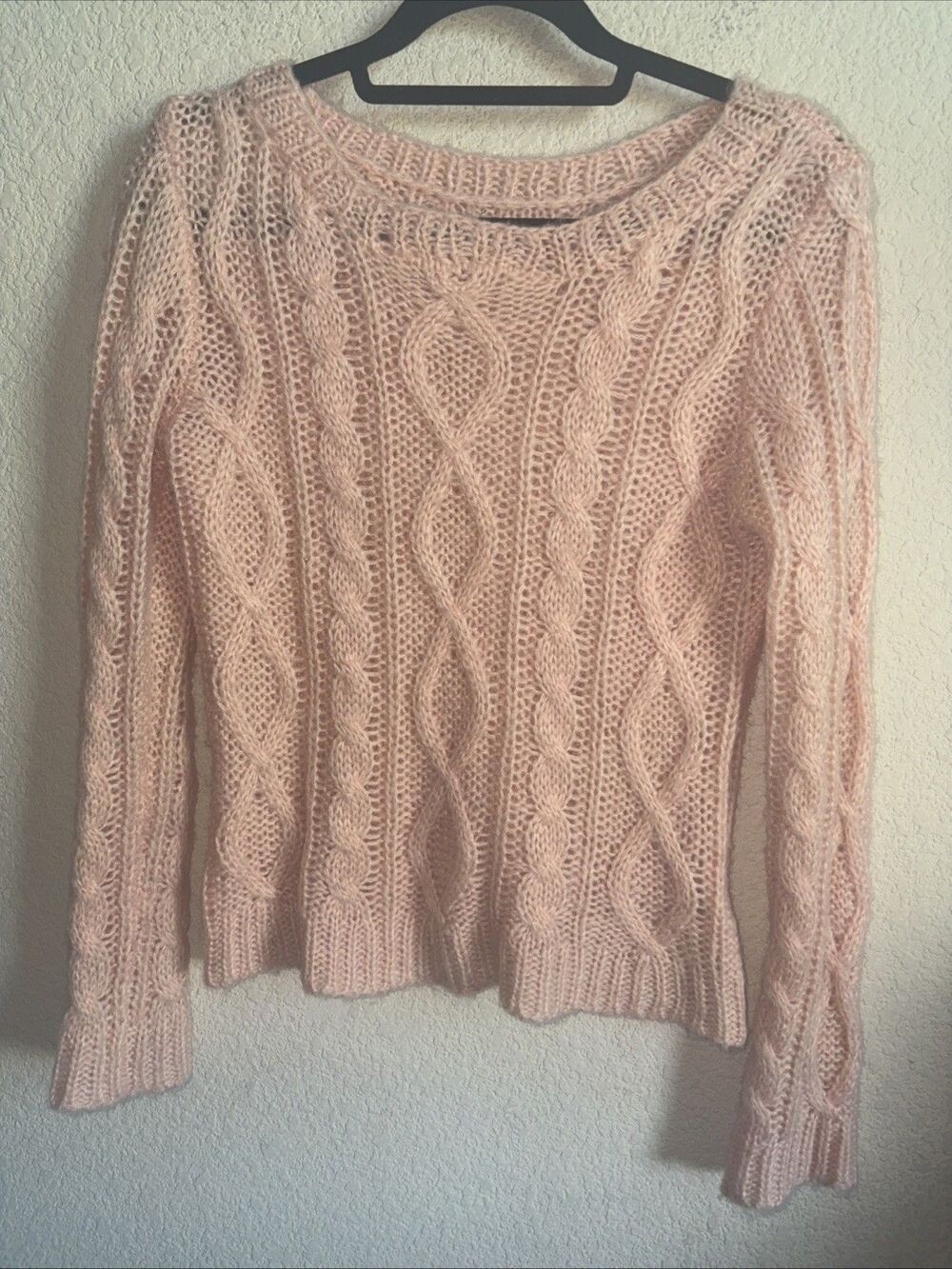 Pink Mohair Wool Cable Knit Fisherman Sweater prep Chunky Luxury Minimalist H&M